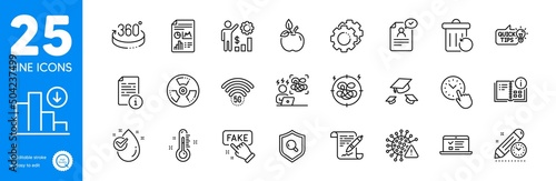 Outline icons set. 5g wifi, Water drop and Education idea icons. Chemical hazard, Stress, Web lectures web elements. Thermometer, Time management, Eco food signs. Settings gears, Inspect. Vector