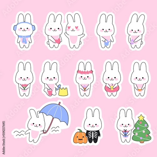 Set of 12 stickers cute kawaii rabbits. Funny bunny character in varios poses. Concept holidays and season.