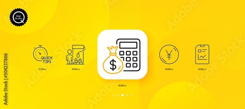 Quick tips, Painter and Yen money minimal line icons. Yellow abstract background. Finance calculator, Report document icons. For web, application, printing. Vector
