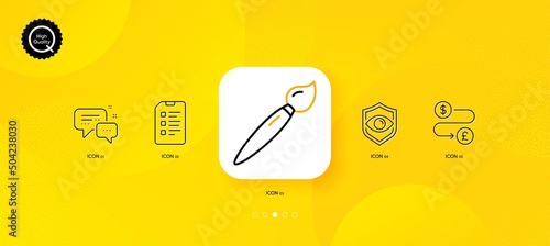 Brush, Eye detect and Money transfer minimal line icons. Yellow abstract background. Checklist, Employees messenger icons. For web, application, printing. Vector