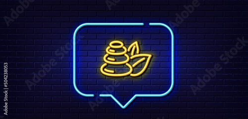Neon light speech bubble. Spa stones line icon. Bath resort sign. Hotel service symbol. Neon light background. Spa stones glow line. Brick wall banner. Vector
