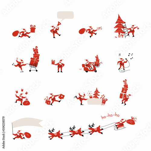 Santa Claus shopping and delivery set. Christmas vector illustration. Hand drawn character.