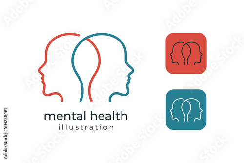 Two human heads flat line icon vector logo for mental health illustration concept
