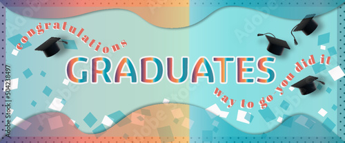 Bright, fun graduation banner with congratulations and way to go text and rainbow colors, polka dots and confetti