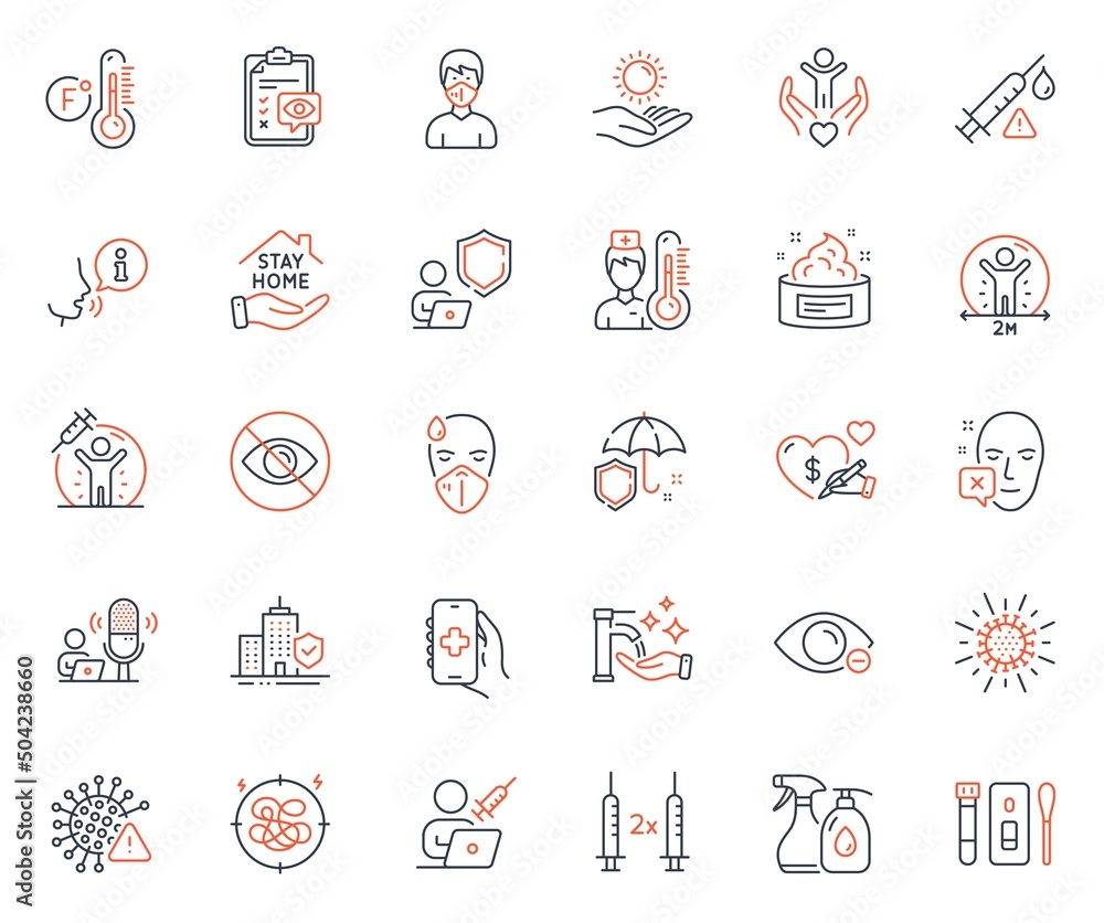 Medical icons set. Included icon as Stay home, Thermometer and Eye checklist web elements. Shield, Covid virus, Social care icons. Myopia, Sun protection, Apartment insurance web signs. Vector Medical icons set. Included icon as Stay home, Thermometer and Eye checklist web elements. Shield, Covid virus, Social care icons. Myopia, Sun protection, Apartment insurance web signs. Vector