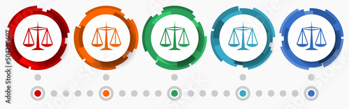 Justice, law concept vector icon set, modern design abstract web buttons i n 5 color options, infographic template