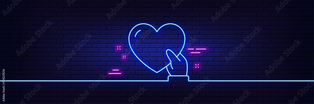 Neon light glow effect. Volunteer care line icon. Helping hand sign. Donation symbol. 3d line neon glow icon. Brick wall banner. Volunteer outline. Vector