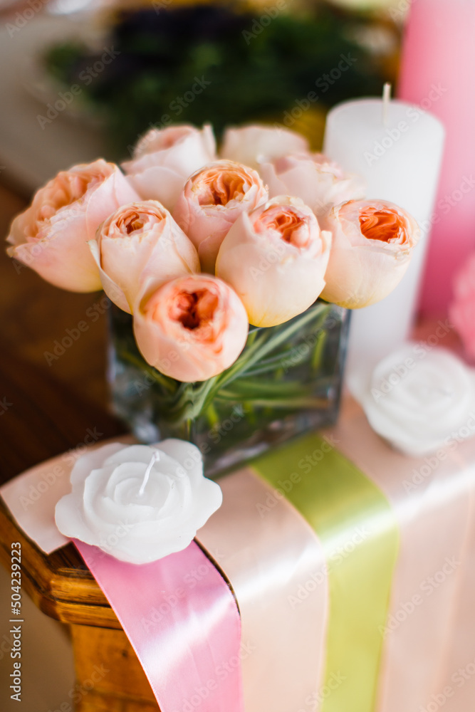 Beautiful pink bouquet of flowers in vase on the table Beautiful pink bouquet of flowers in vase on the table
