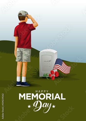 memorialHappy memorial day USA. a young boy in a military cap salutes his father's grave. vector illustration design