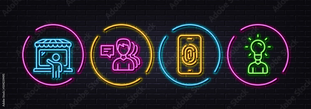 Market seller, Fingerprint and People minimal line icons. Neon laser 3d lights. Education icons. For web, application, printing. Store buyer, Biometric scan, Support job. Human idea. Vector