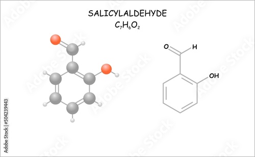 Stylized molecule model/structural formula of salicylaldehyde. Use in perfumery.