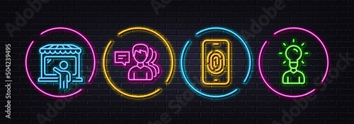 Market seller, Fingerprint and People minimal line icons. Neon laser 3d lights. Education icons. For web, application, printing. Store buyer, Biometric scan, Support job. Human idea. Vector