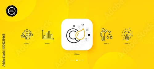 Diagram graph, Paint brush and Idea minimal line icons. Yellow abstract background. Algorithm, Teamwork icons. For web, application, printing. Presentation chart, Creativity, Developers job. Vector