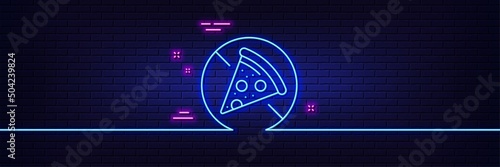 Neon light glow effect. No food allowed line icon. Salami pizza sign. Forbidden food symbol. 3d line neon glow icon. Brick wall banner. Prohibit food outline. Vector