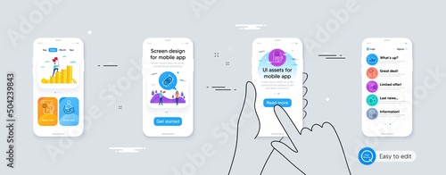 Set of Approved agreement, Interview and Rfp line icons. Phone ui interface. Include Survey results, Info, Manual doc icons. Approved report, Share, Payment web elements. For web, application. Vector