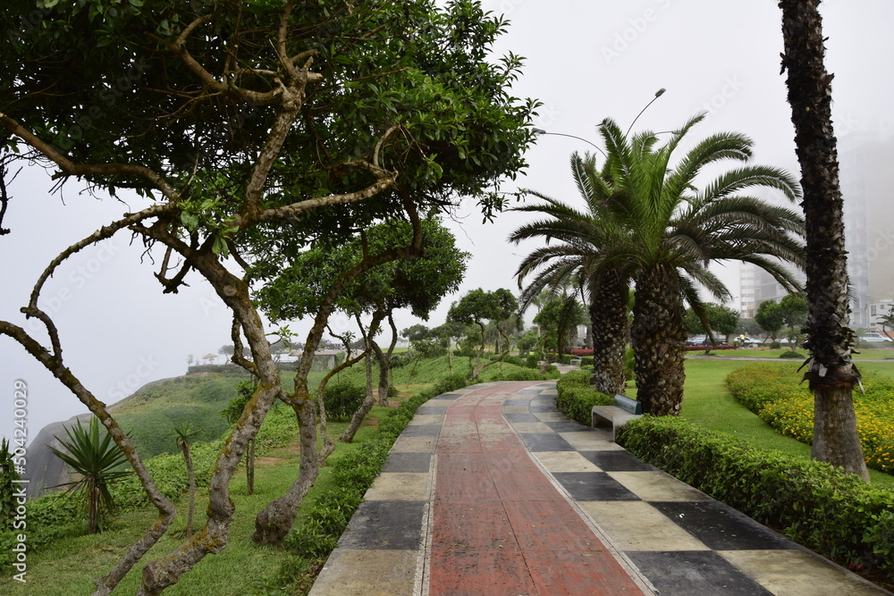 Miraflores Town landscapes. Park on the coast of Lima in the fog, in the Miraflores district, Peru
