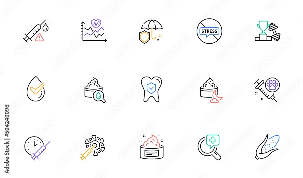 Fototapeta premium Umbrella, Vaccine attention and Dumbbell line icons for website, printing. Collection of Cardio training, Vaccination schedule, Dermatologically tested icons. Medical analyzes. Vector