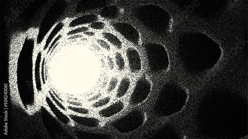 Retro styled docking corridor on space station or light at the end of tunnel concept for sci-fi poster or flyer. Gate or cave with dotwork style.