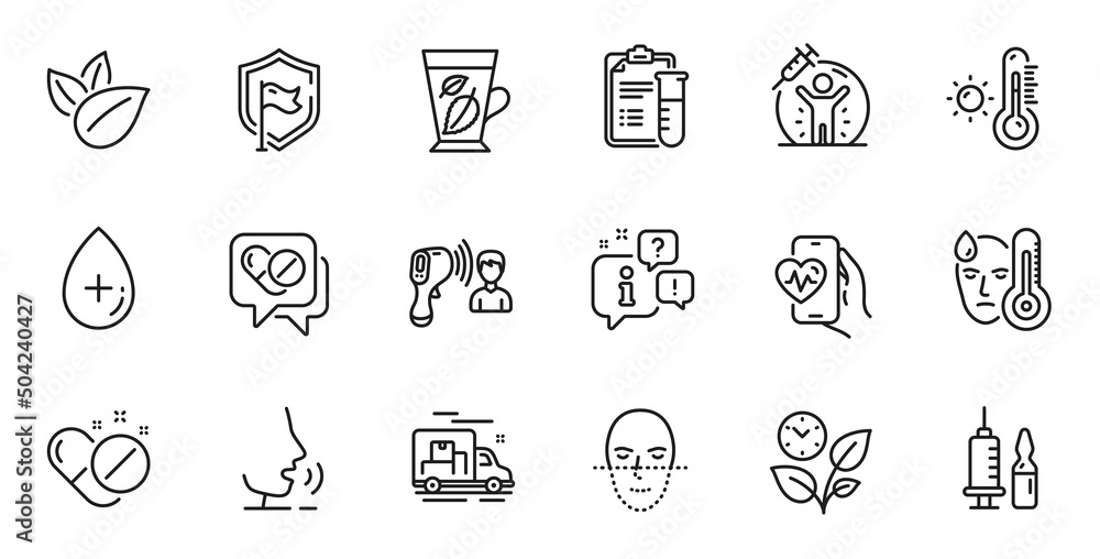 Outline set of Vaccine protection, Oil serum and Cardio training line icons for web application. Talk, information, delivery truck outline icon. Vector