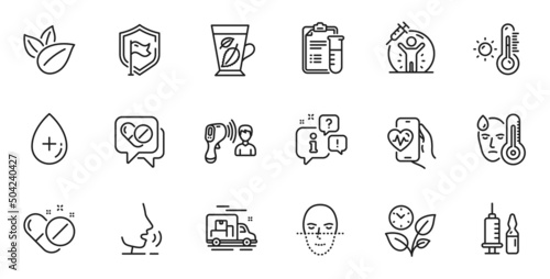 Outline set of Vaccine protection, Oil serum and Cardio training line icons for web application. Talk, information, delivery truck outline icon. Vector