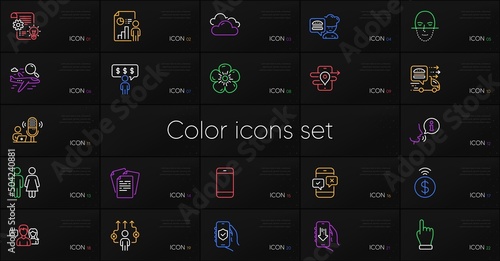 Set of Chef, Documents and Search flight line icons. Include Security app, Business report, Employee benefits icons. People talking, Natural linen, Cloudy weather web elements. Vector