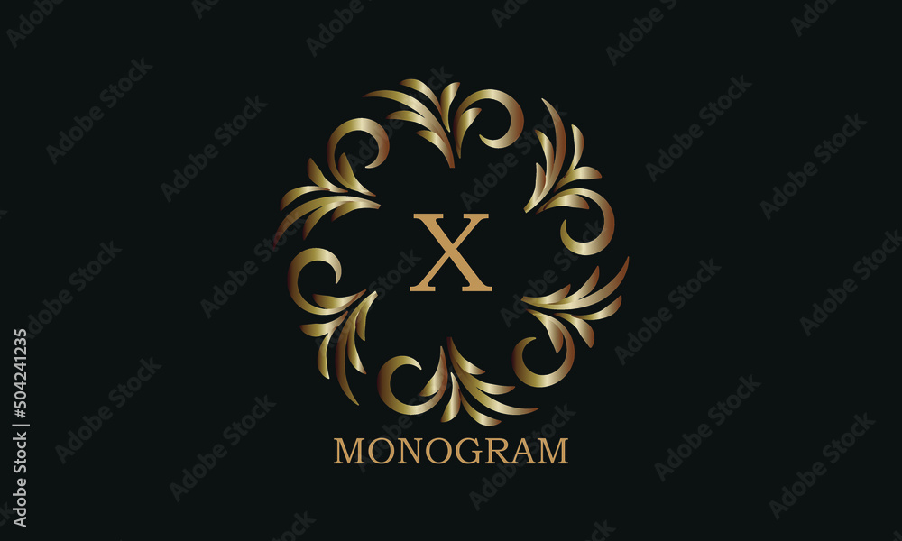 Golden monogram design template with letter X. Round logo, business identity sign for restaurant, boutique, cafe, hotel, heraldic, jewelry.