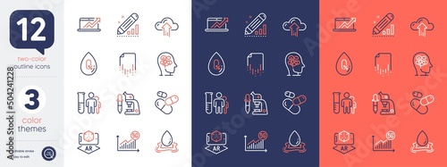 Set of Capsule pill, Microscope and Sales diagram line icons. Include Edit statistics, Medical analyzes, 5g statistics icons. Stress, Water splash, Augmented reality web elements. Vector