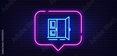 Neon light speech bubble. Open door line icon. Entrance doorway sign. Building exit symbol. Neon light background. Open door glow line. Brick wall banner. Vector