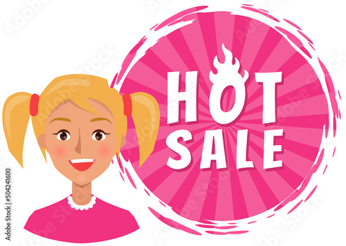 Sale banner with woman portrait near advertising poster. Shopping time promotional style. Female character rejoices in discounts and big sale in store. Positive lady with emotion of happiness, joy