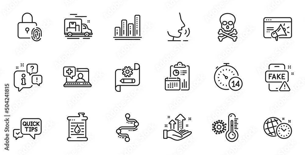Outline set of Oil barrel, Thermometer and Seo marketing line icons for web application. Talk, information, delivery truck outline icon. Include Fake news, Report, Chemical hazard icons. Vector Outline set of Oil barrel, Thermometer and Seo marketing line icons for web application. Talk, information, delivery truck outline icon. Include Fake news, Report, Chemical hazard icons. Vector