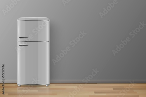 Vector Banner with 3d Realistic Glossy Gray Retro Vintage Fridge. Vertical Simple Refrigerator. Closed Fridge. Design Template, Mockup of Fridge. Front View