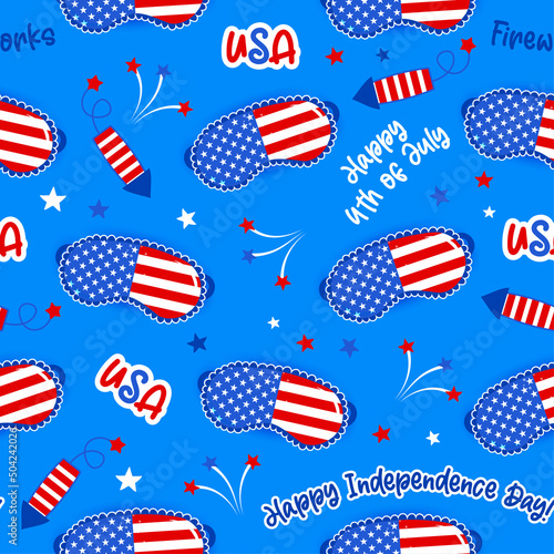 Beauty mask and fire crackers pattern design in USA colors - funny drawing seamless pattern. wallpaper, wrapping paper. Happy Independence Day. Red, white and blue
