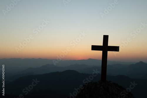 The crucifixion of Jesus Christ at the sunrise - Silhouette Three Crosses On Hill