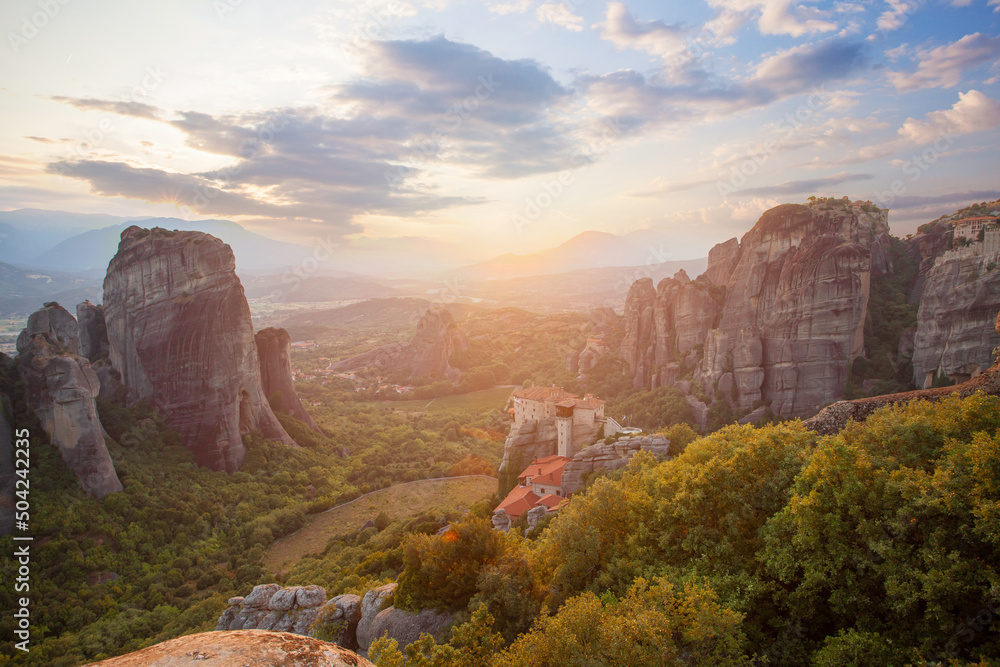 Fototapeta premium Greek meteora monastery against sky clouds landscape.