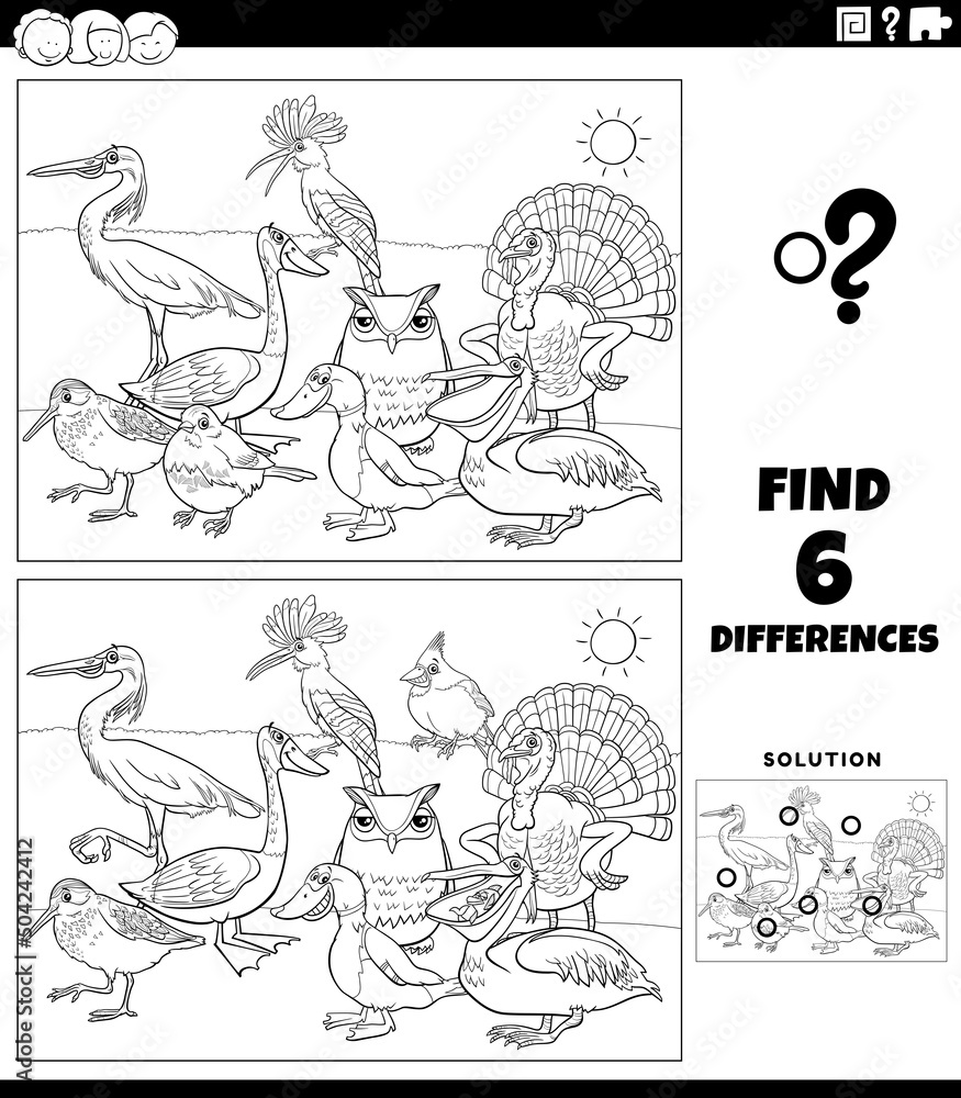 differences game with cartoon birds coloring book page differences game with cartoon birds coloring book page