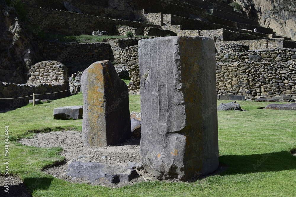 Huge megaliths on the territory Inca ruins of Ollantaytambo, Peru. Ancient building in Sacred Valley in Peruvian Andes