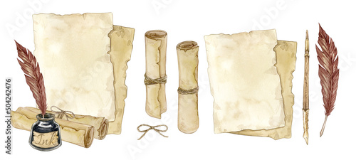 Set of watercolor illustrations with vintage piece of paper, letters, wax seal, feather pen and scrolls. isolated