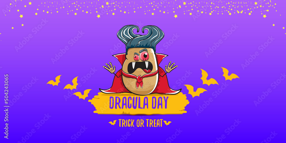 Naklejka premium 26 may world dracula day greeting horizontal banner with vector funny cartoon cute dracula potato with fangs and red cape isolated on violet background. vampire monster vegetable funky character