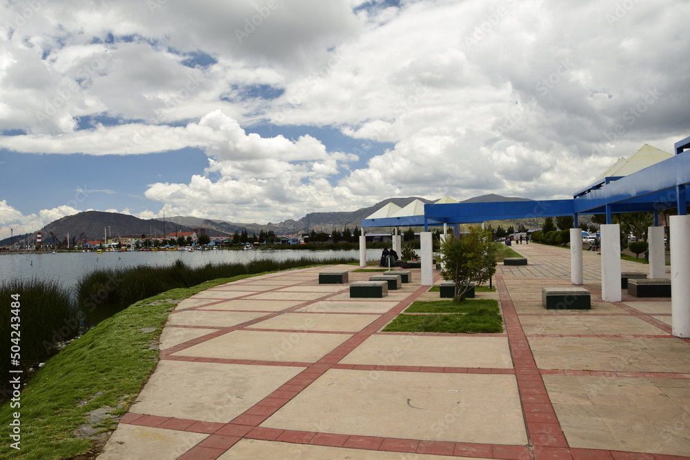 The embankment along the shore on Lake Titicaca. Puno, Peru