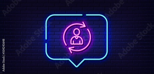 Neon light speech bubble. Human Resources line icon. User Profile sign. Person silhouette symbol. Refresh or Update sign. Neon light background. Person info glow line. Brick wall banner. Vector