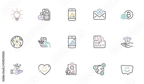 Fototapeta Naklejka Na Ścianę i Meble -  Graph phone, Inspect and Consolidation line icons for website, printing. Collection of Video conference, Refresh bitcoin, Education icons. Smile face, Pin, Bill accounting web elements. Vector