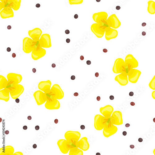 Rape seeds and yellow flowers background. Canola vector seamless pattern.
