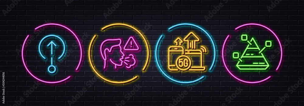 Cough, Swipe up and 5g internet minimal line icons. Neon laser 3d lights. Pyramid chart icons. For web, application, printing. Flu symptom, Scrolling page, Wireless technology. Report analysis. Vector