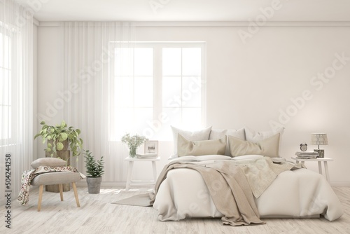 Soft color bedroom interior. Scandinavian design. 3D illustration © AntonSh