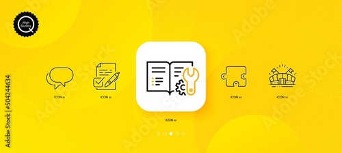 Engineering documentation, Voting ballot and Sports arena minimal line icons. Yellow abstract background. Talk bubble, Puzzle icons. For web, application, printing. Vector