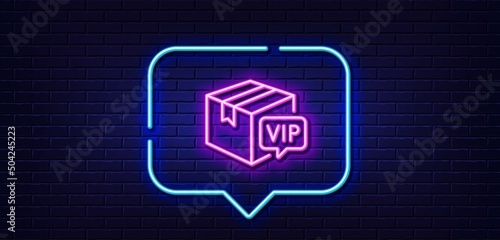 Neon light speech bubble. Vip parcel line icon. Very important person sign. Member club delivery symbol. Neon light background. Vip parcel glow line. Brick wall banner. Vector