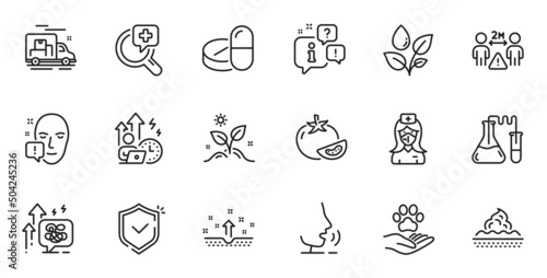 Outline set of Chemistry lab, Difficult stress and Medical drugs line icons for web application. Talk, information, delivery truck outline icon. Vector