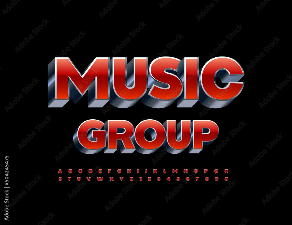 Vector bright Emblem Music Group. Red and Silver Font. Creative Alphabet Letters and Numbers set