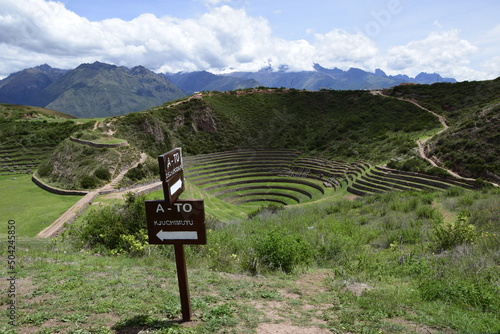 Inca terraces of Moray. Each level has its own microclimate. Moray is an archaeological site near the Sacred Valley