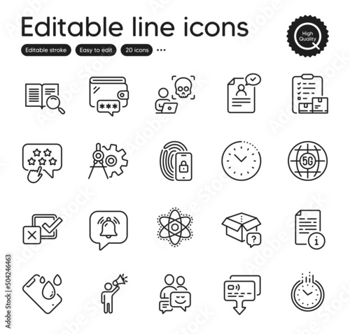 Set of Technology outline icons. Contains icons as Cyber attack, Notification bubble and Search text elements. Ranking star, Checkbox, Cogwheel dividers web signs. Time management, Card. Vector